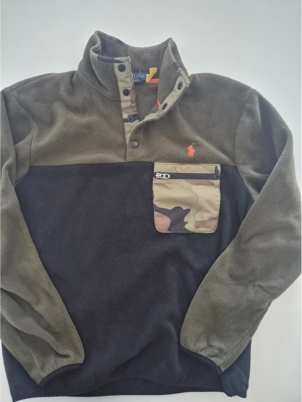 Polo Ralph Lauren Mens Fleece Jacket Camo Zip Pocket 1/4 Snap Neck Olive Black M
